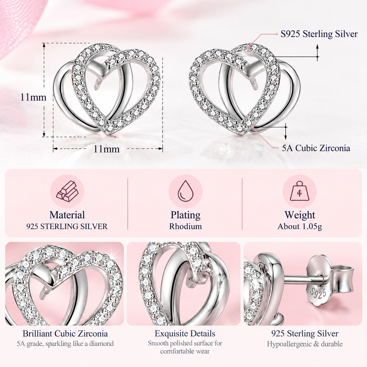 Hanan Double-Heart Zircon Stud Earrings – 925 Sterling Silver