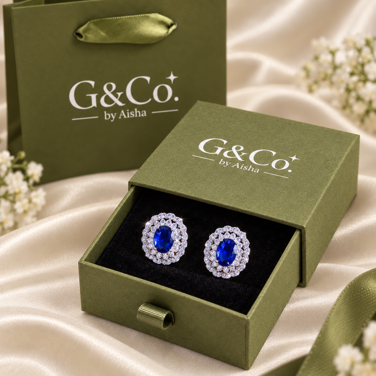 Azure Royale oval blue CZ halo stud earrings, view 6: oval royal-blue CZ studs in a vintage double halo, Dubai