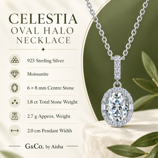 Celestia oval halo moissanite pendant necklace, view 2: 6 x 8 mm oval moissanite in a halo with baguette accents, Dubai