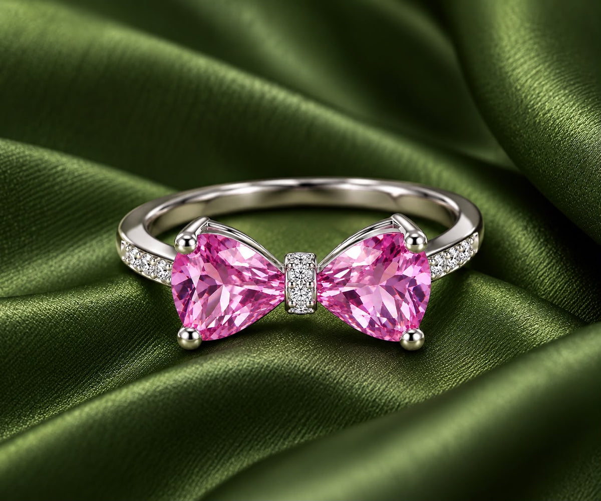 Elodie pink CZ bow ring, view 3: playful bow of pink CZ with clear accents, 925 sterling silver, Dubai