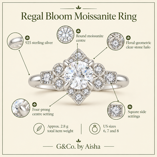 Infographic: 925 sterling silver, round moissanite centre, floral-geometric halo, approx. 2.8 g total item weight, sizes 6 to 8