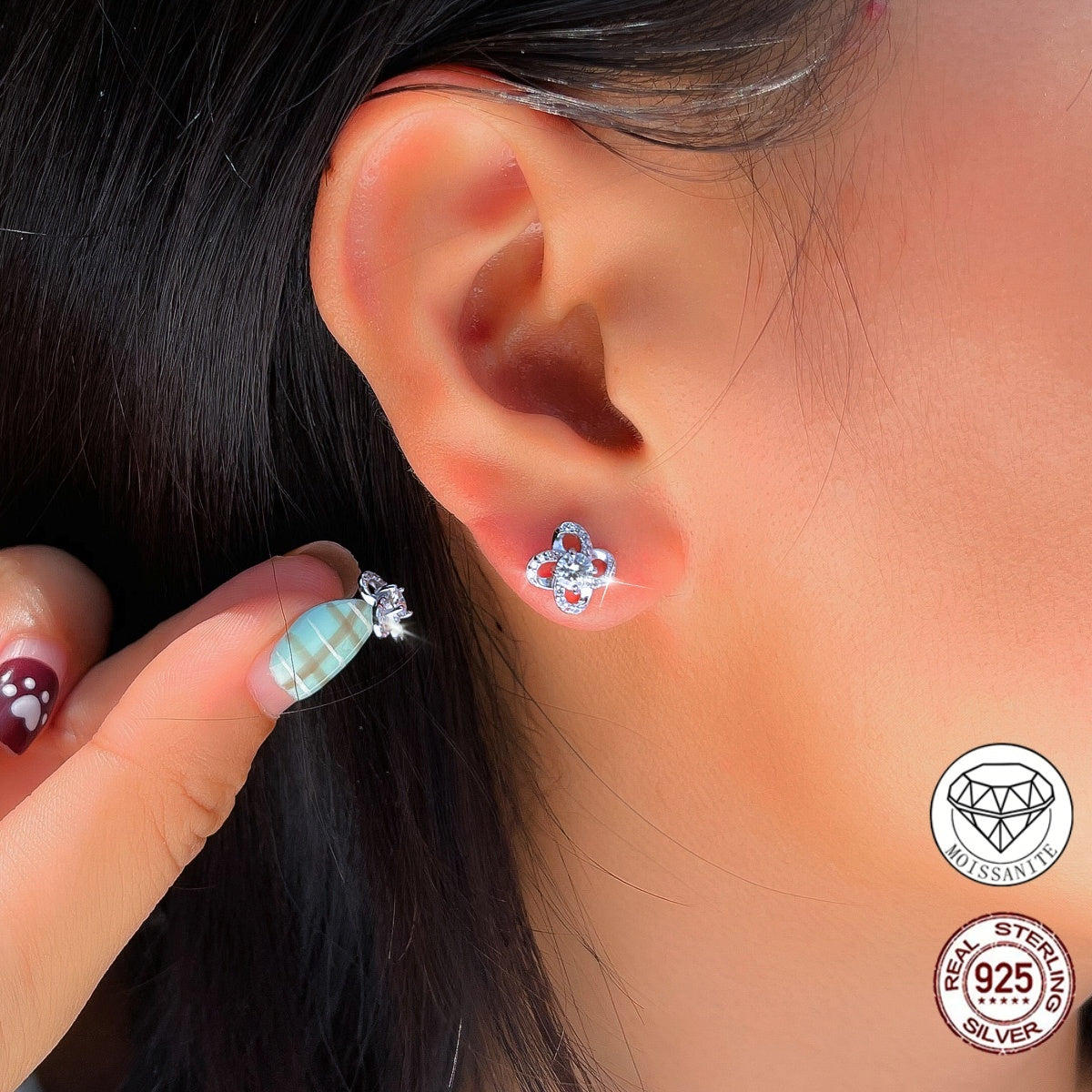 Jana four-loop flower moissanite stud earrings, view 5: 4 mm moissanite studs in a four-loop flower frame, Dubai