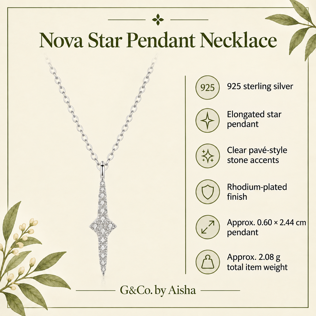 Nova star-point pendant necklace, view 6: long geometric star-point pendant with clear stones, 925 sterling silver, Dubai