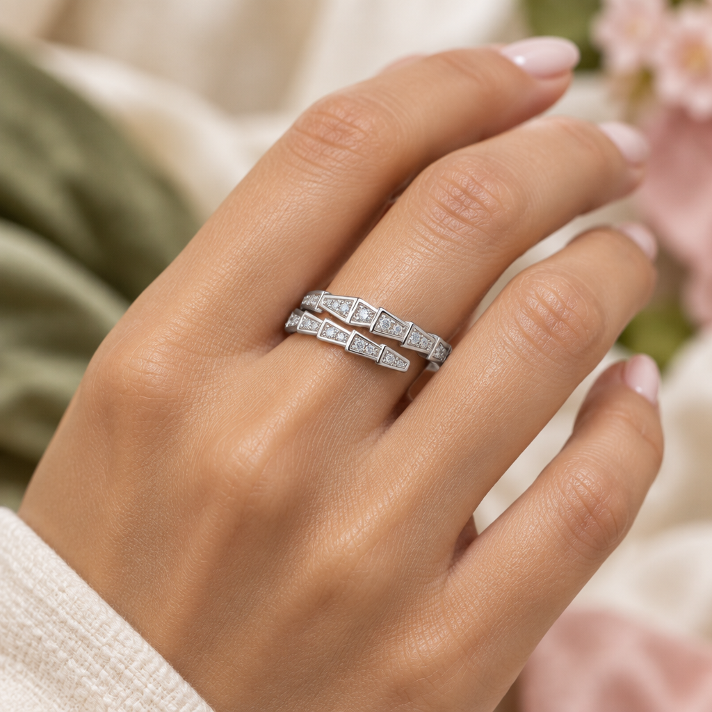 Sana double-row moissanite wrap ring, view 7: overlapping rows of tapered silver set with moissanite, Dubai