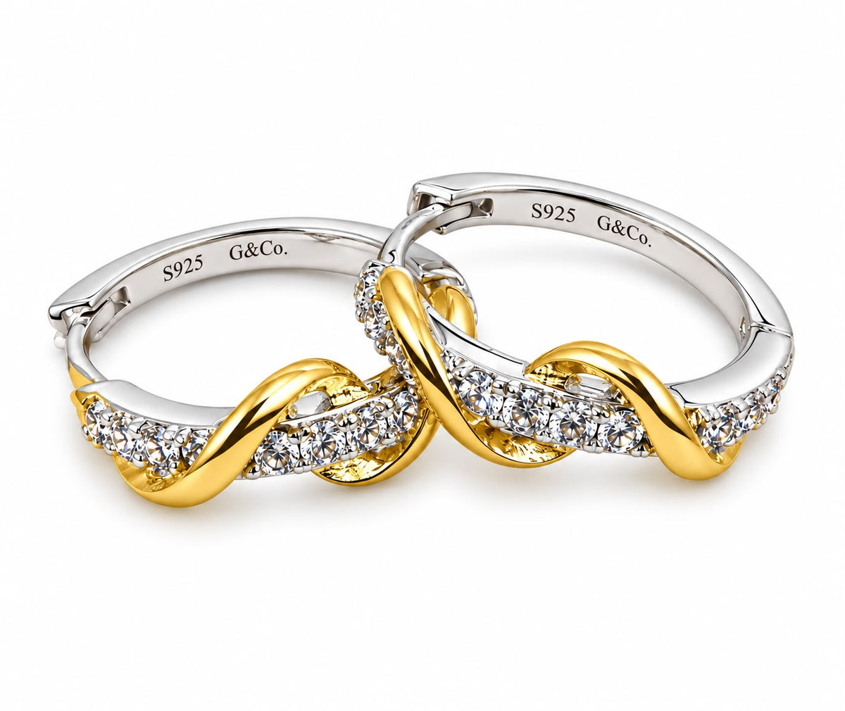 Sofia intertwined two-tone CZ hoop earrings, view 5: intertwined silver and gold-plated hoops with CZ, Dubai