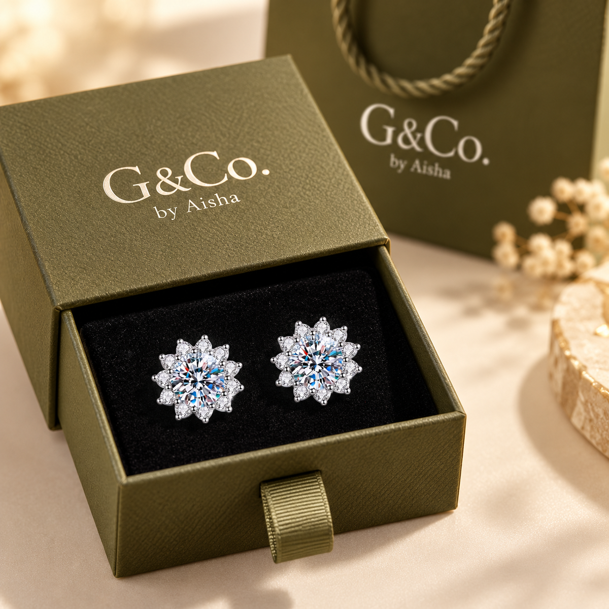 Solara sunburst halo moissanite stud earrings, view 6: 5 mm moissanite studs in a sunburst halo, Dubai