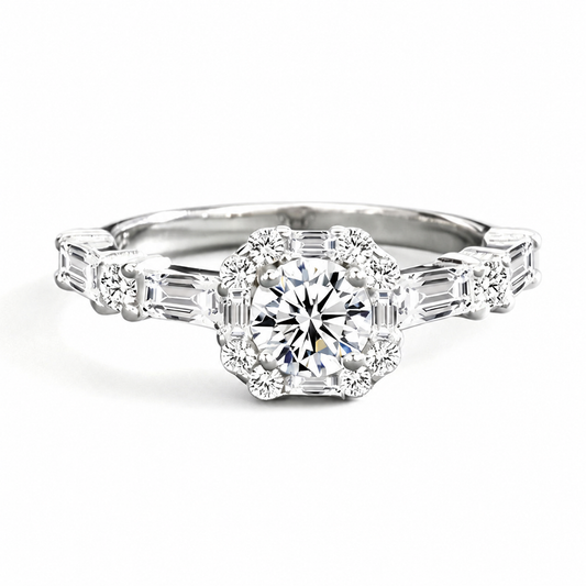 Hessa Baguette Halo Moissanite Ring – 925 Sterling Silver