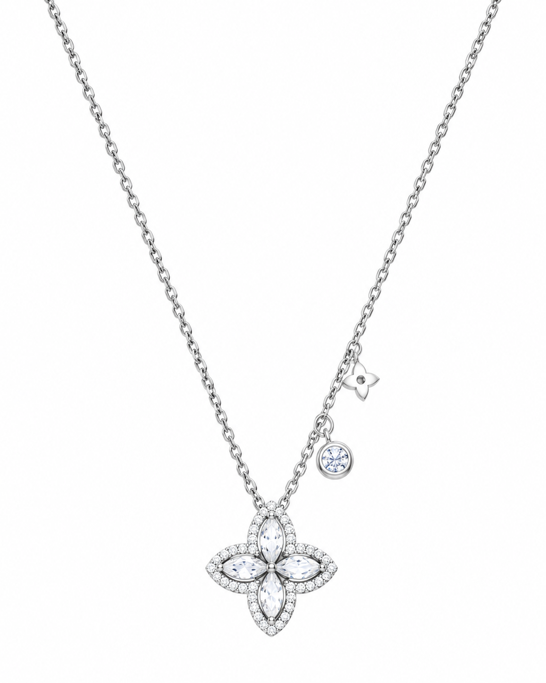 Zahra marquise clover halo necklace close-up, 925 sterling silver, Dubai