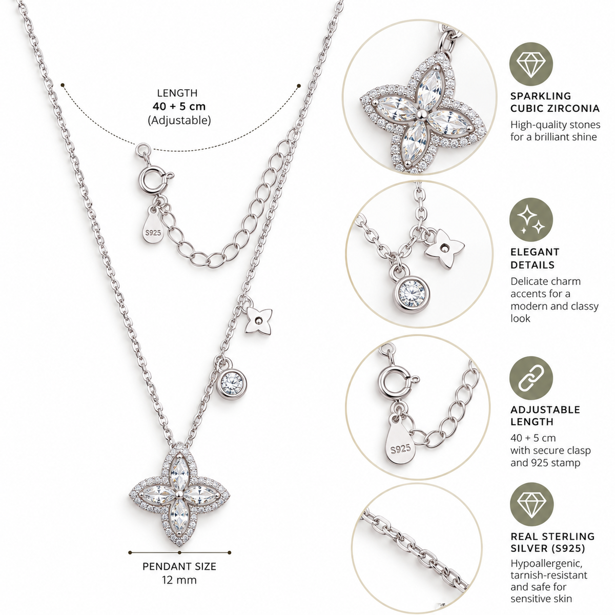 Zahra marquise clover halo necklace, view 3, 925 sterling silver, Dubai