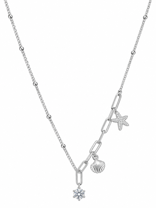 Marina seashell and starfish charm necklace close-up, 925 sterling silver, Dubai