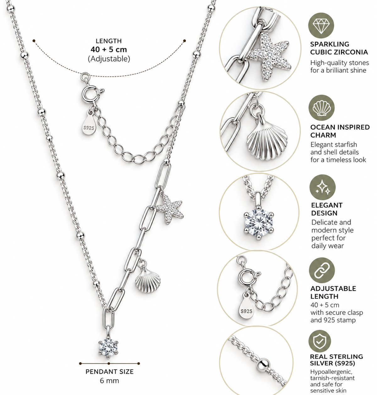 Marina seashell and starfish charm necklace, view 3, 925 sterling silver, Dubai