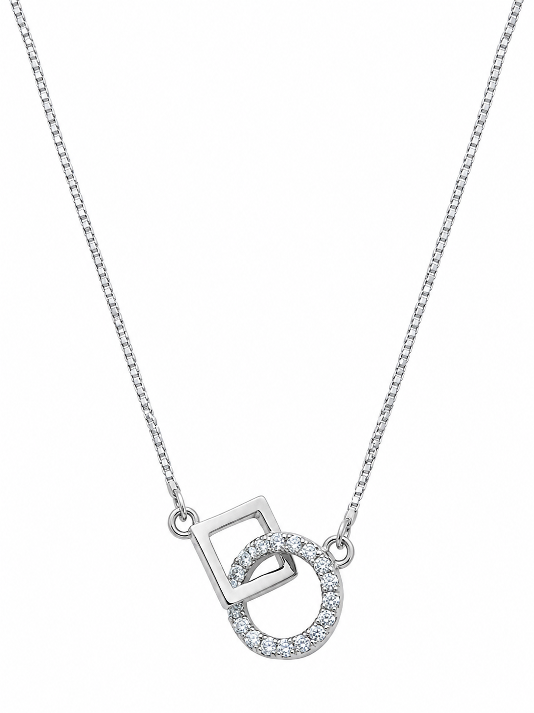 Rabt interlocking circle and square necklace close-up, 925 sterling silver, Dubai