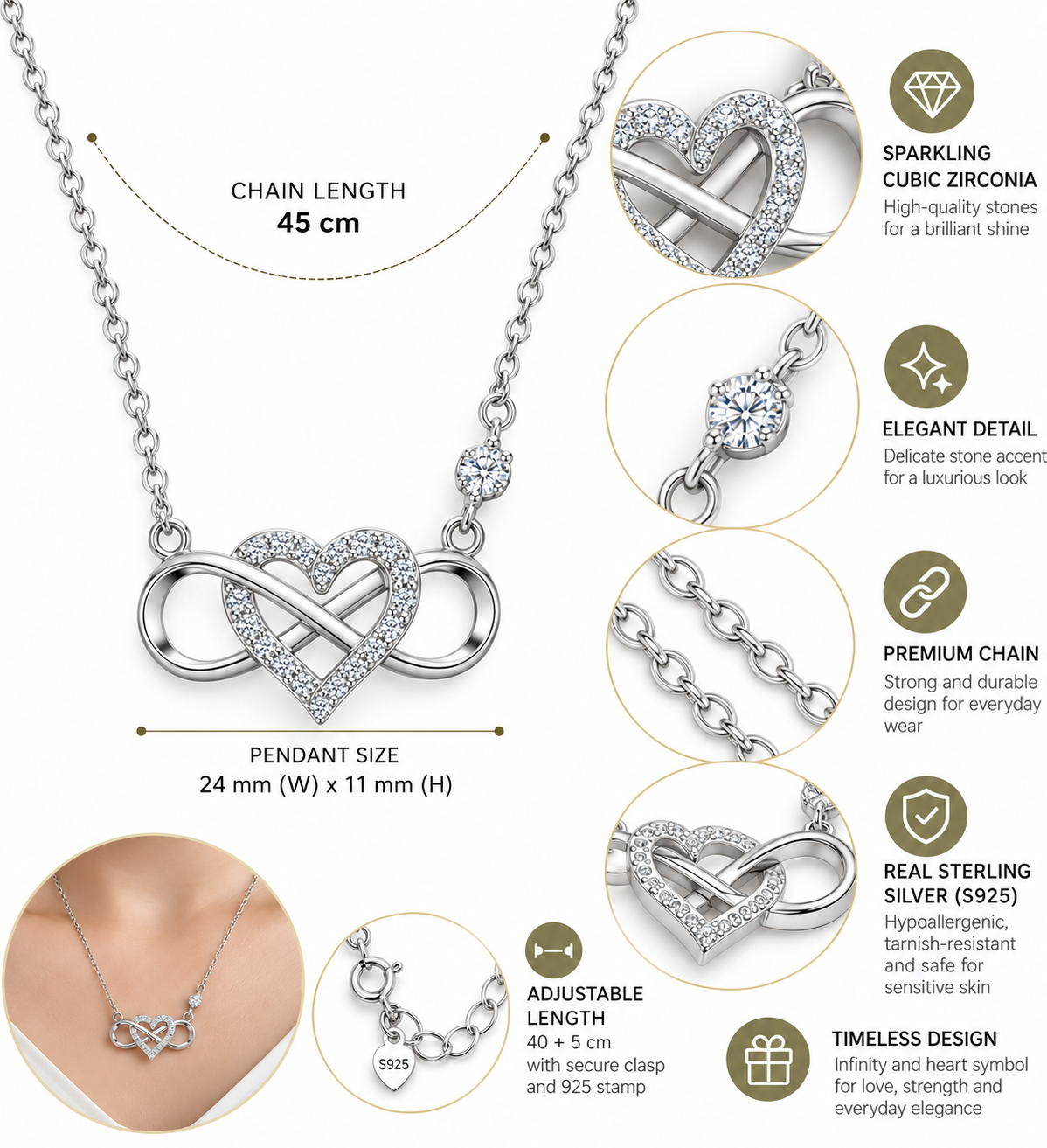 Abad infinity heart necklace, view 4, 925 sterling silver, Dubai