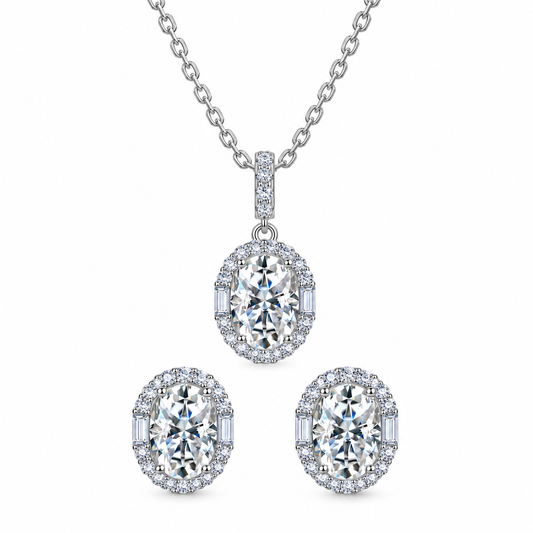 Orlena Oval Halo Moissanite Necklace & Stud Earrings Set – 925 Sterling Silver