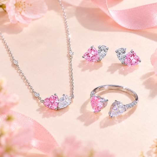 Amora Two Hearts Pink CZ Necklace, Ring & Earrings Set – 925 Sterling Silver