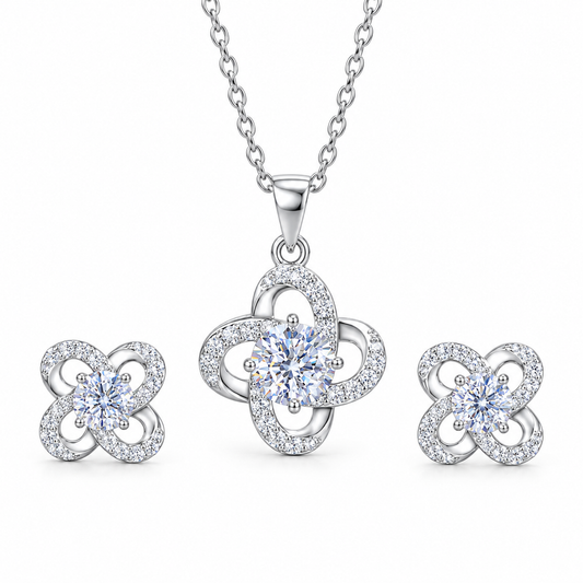 Jana Clover Moissanite Necklace & Stud Earrings Set – 925 Sterling Silver