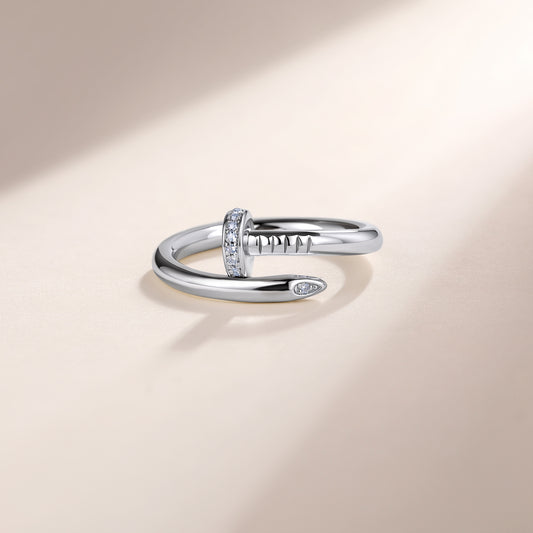 Alina nail-wrap moissanite ring close-up: sculptural nail-shaped wrap band with moissanite, 925 sterling silver, Dubai