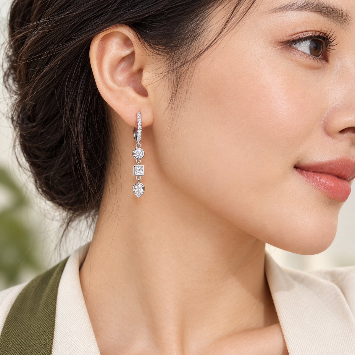 Amaya three-stone drop huggie earrings, view 6: pavé huggie hoops with a three-stone clear CZ drop, Dubai