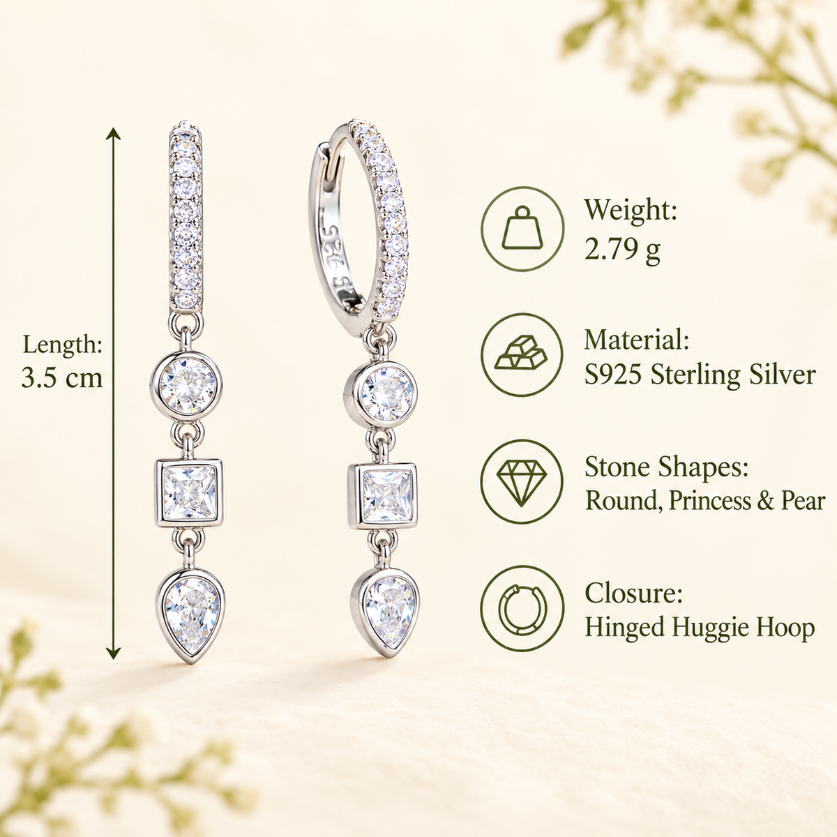 Amaya three-stone drop huggie earrings, view 2: pavé huggie hoops with a three-stone clear CZ drop, 925 sterling silver, Dubai