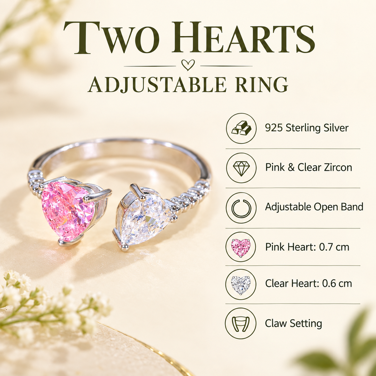 Amora two hearts pink & clear CZ adjustable ring, view 2: pink heart-cut CZ beside a smaller clear heart, Dubai