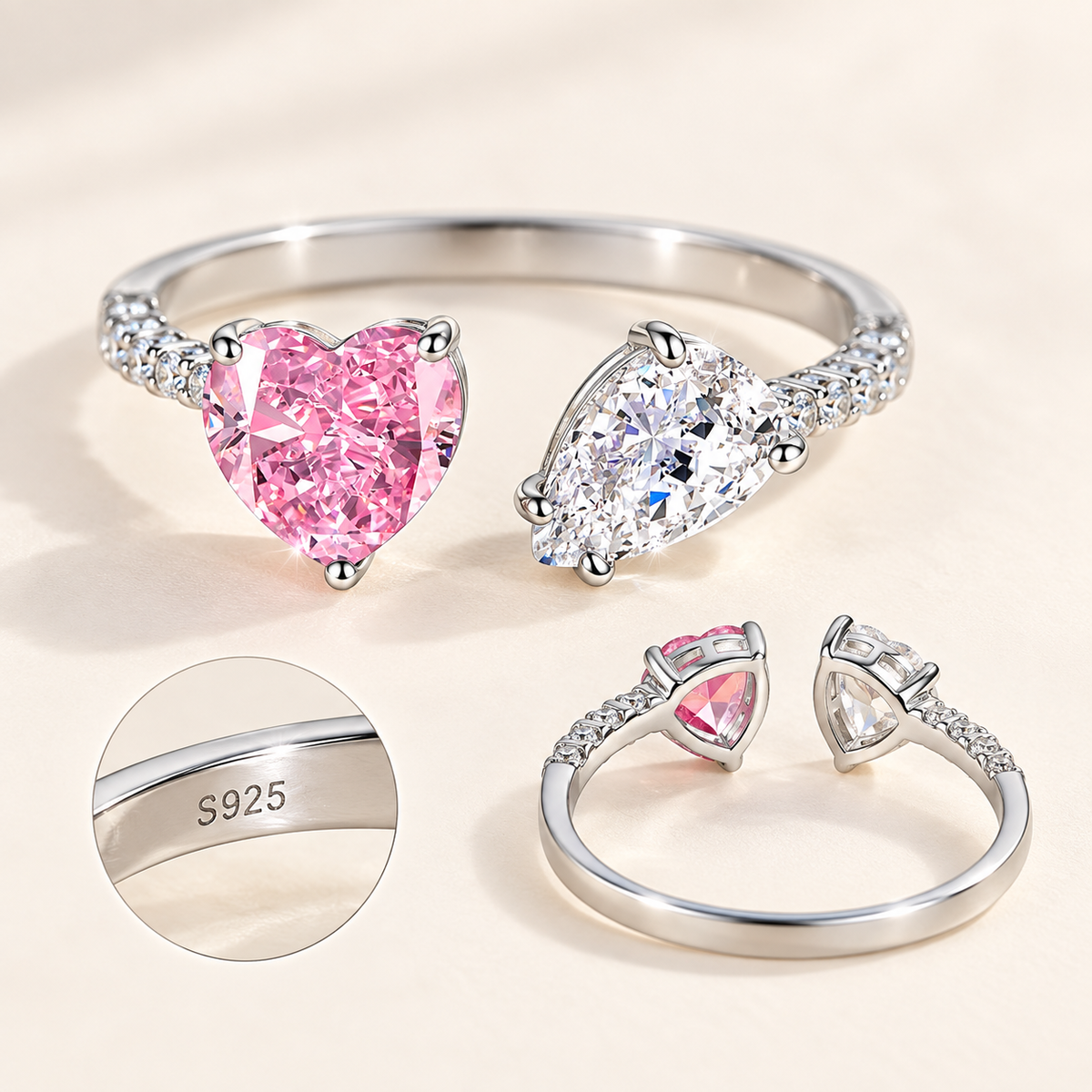 Amora two hearts pink & clear CZ adjustable ring, view 5: pink heart-cut CZ beside a smaller clear heart, Dubai