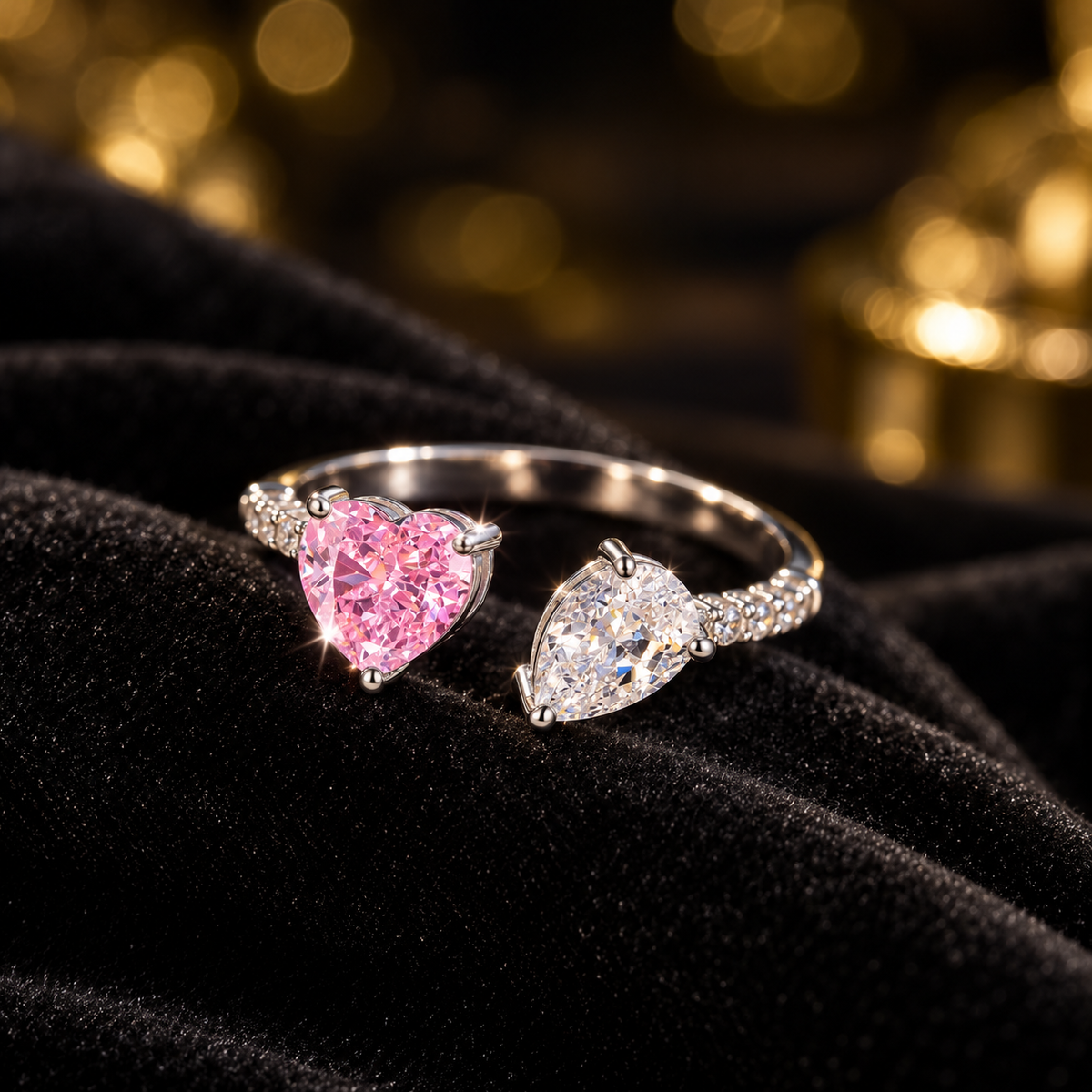 Amora two hearts pink & clear CZ adjustable ring, view 3: pink heart-cut CZ beside a smaller clear heart, Dubai