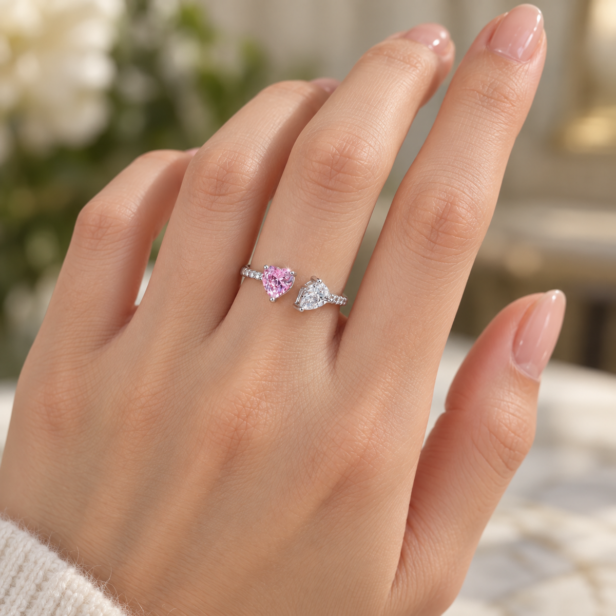 Amora two hearts pink & clear CZ adjustable ring, view 6: pink heart-cut CZ beside a smaller clear heart, Dubai