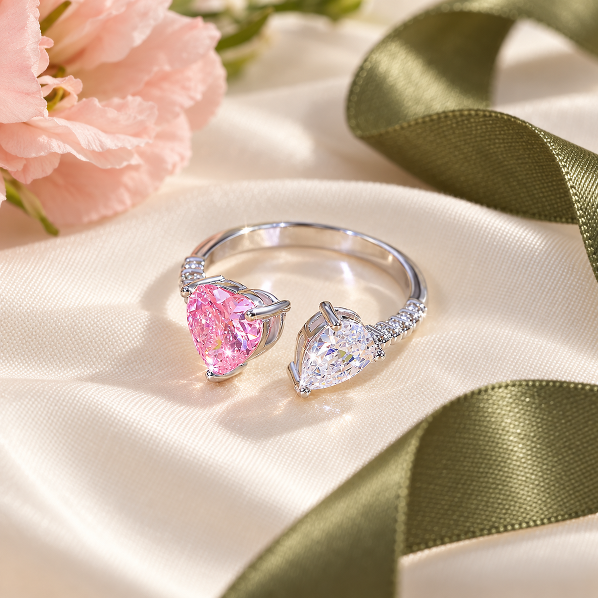 Amora two hearts pink & clear CZ adjustable ring, view 4: pink heart-cut CZ beside a smaller clear heart, Dubai