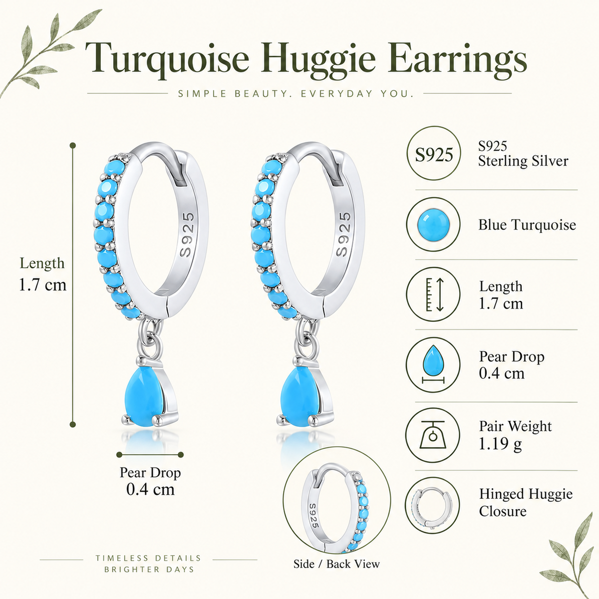 Aria turquoise pear drop huggie earrings, view 2: turquoise-lined huggie hoops with pear-shaped drops, Dubai