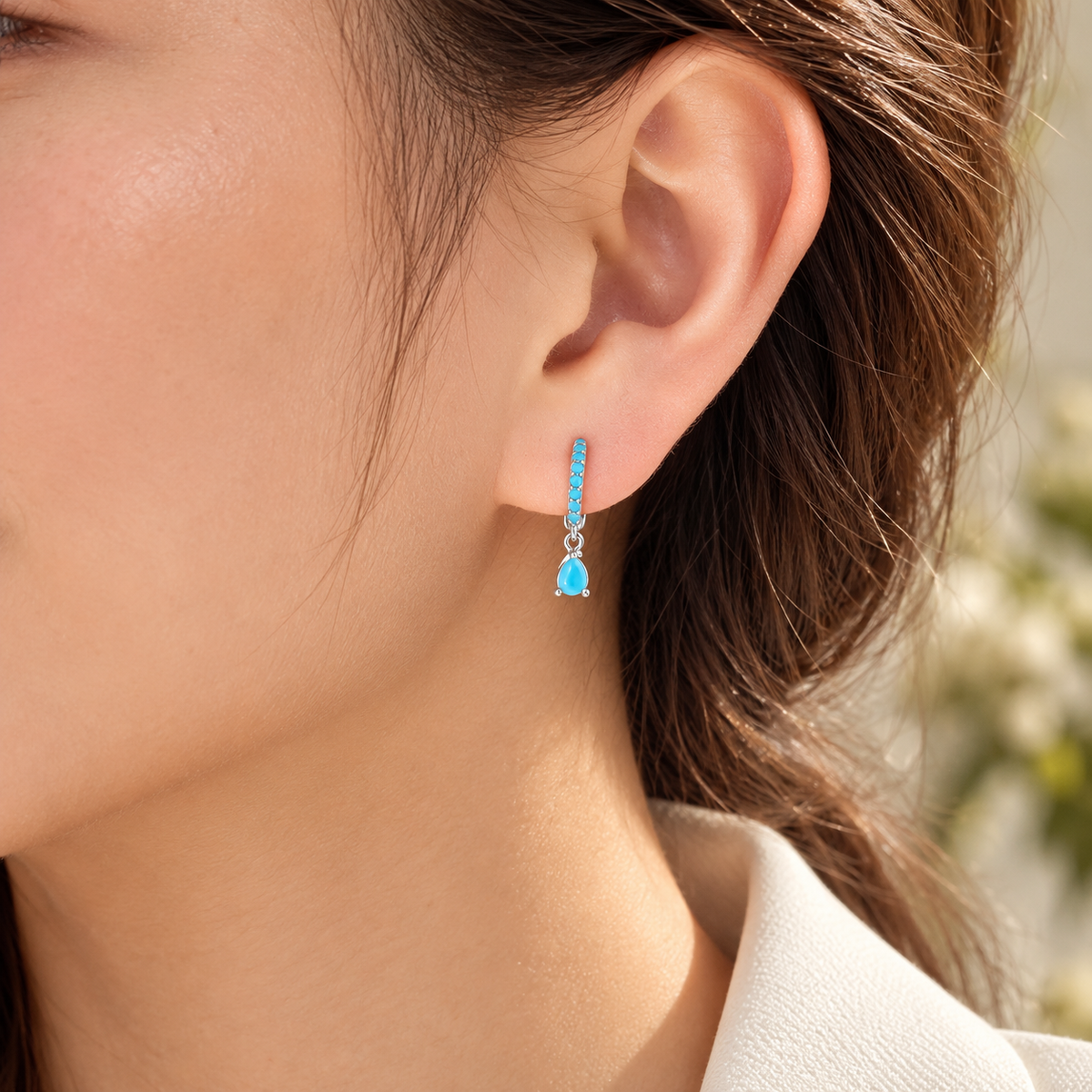 Aria turquoise pear drop huggie earrings, view 5: turquoise-lined huggie hoops with pear-shaped drops, Dubai