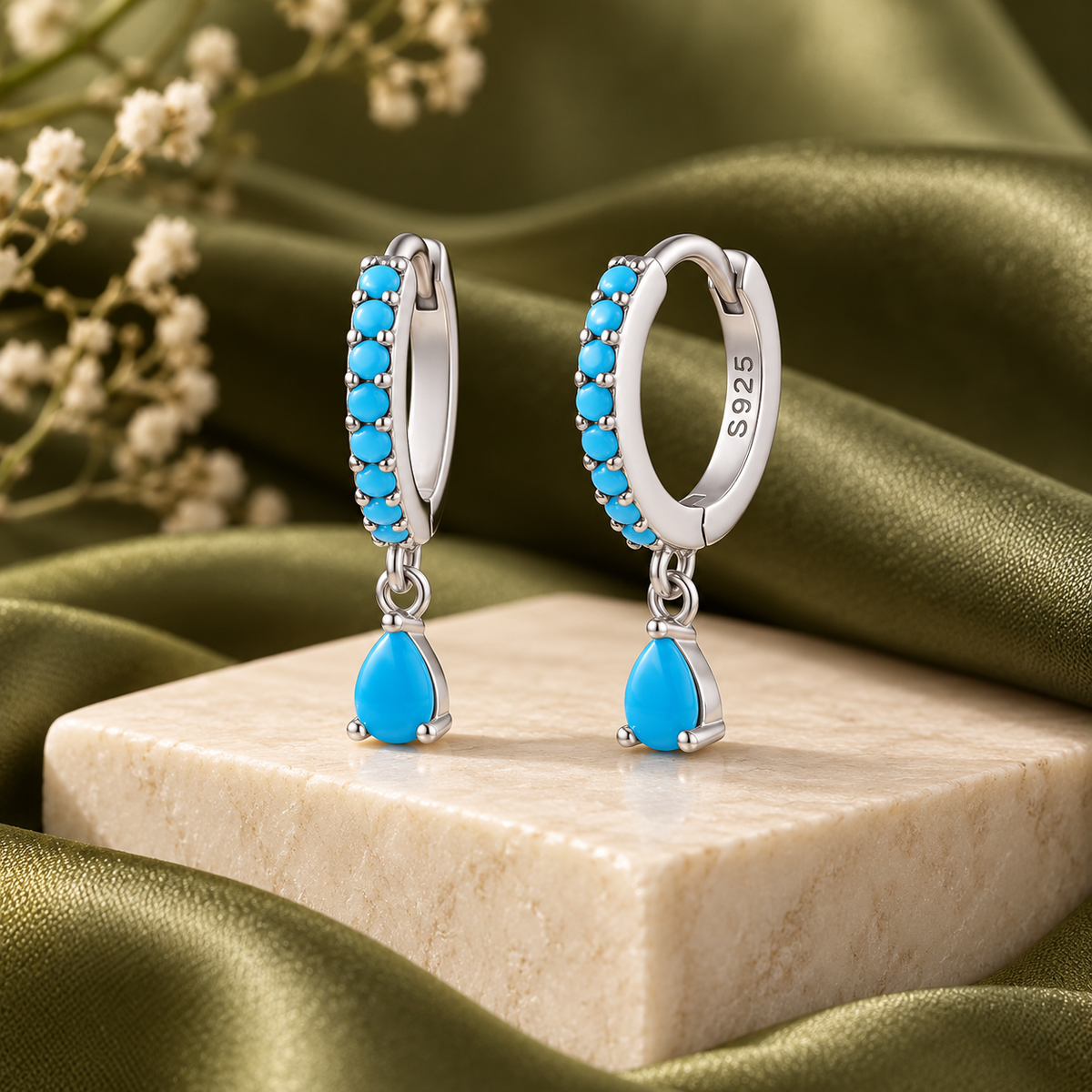 Aria turquoise pear drop huggie earrings, view 3: turquoise-lined huggie hoops with pear-shaped drops, Dubai