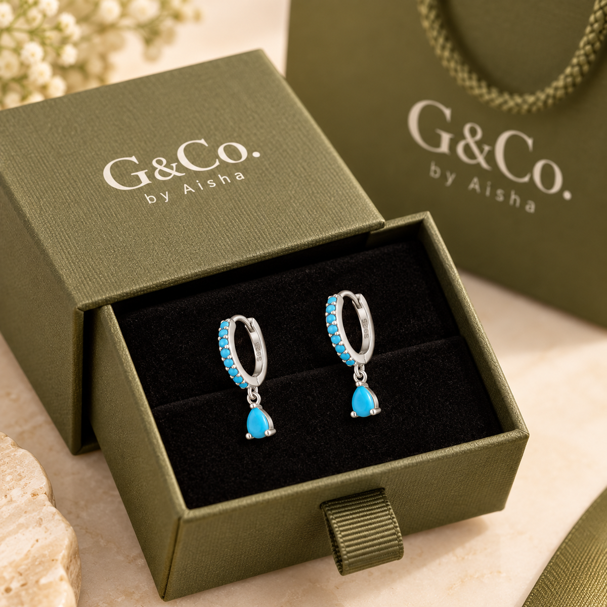 Aria turquoise pear drop huggie earrings, view 6: turquoise-lined huggie hoops with pear-shaped drops, Dubai