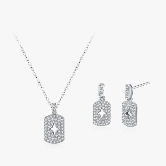 Astra star-cutout necklace & drop earrings set close-up: star-cutout pendant and matching drops framed in pavé, Dubai