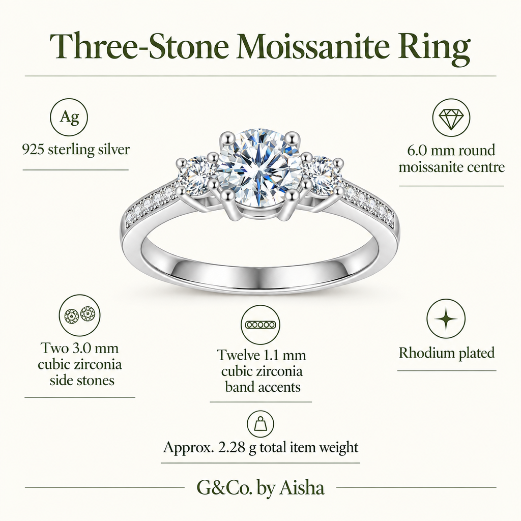 Aurelia three-stone moissanite ring, view 2: 6 mm round moissanite between two 3 mm CZ side stones, Dubai
