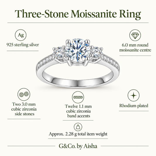 Aurelia three-stone moissanite ring, view 2: 6 mm round moissanite between two 3 mm CZ side stones, Dubai