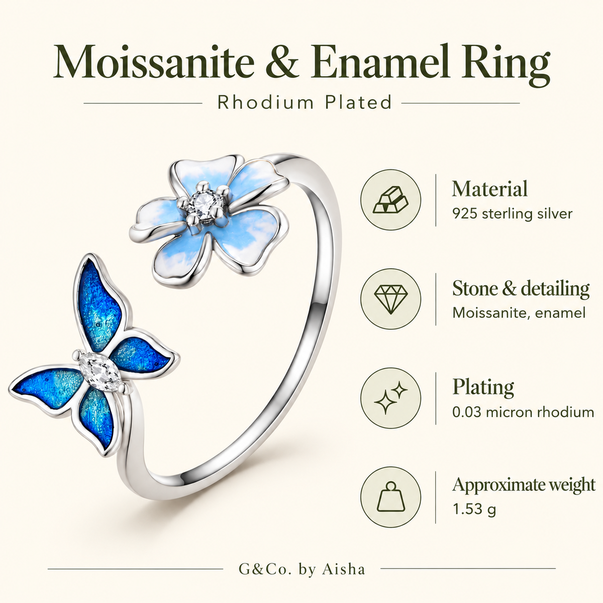 Aurevelle moissanite & enamel ring, view 3: moissanite sparkle with enamel detailing, 925 sterling silver, Dubai