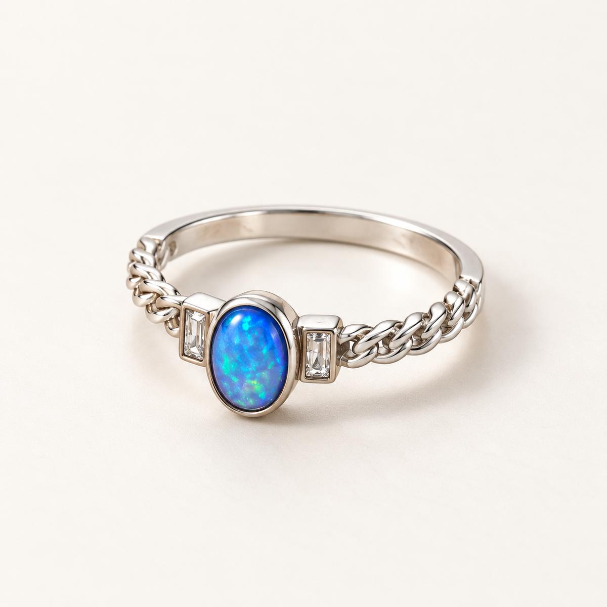 Aurevia moissanite & opal ring, view 2: moissanite and opal stones on a rhodium-plated band, 925 sterling silver, Dubai