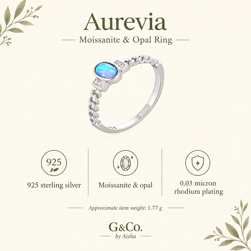 Aurevia moissanite & opal ring, view 5: moissanite and opal stones on a rhodium-plated band, 925 sterling silver, Dubai