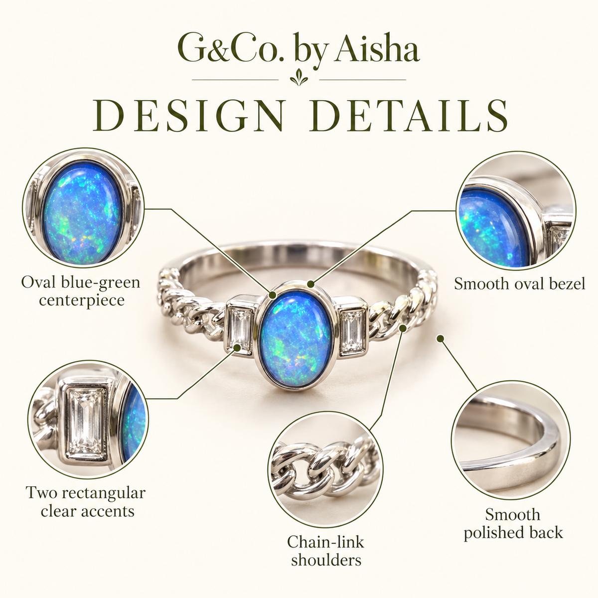 Aurevia moissanite & opal ring, view 3: moissanite and opal stones on a rhodium-plated band, 925 sterling silver, Dubai