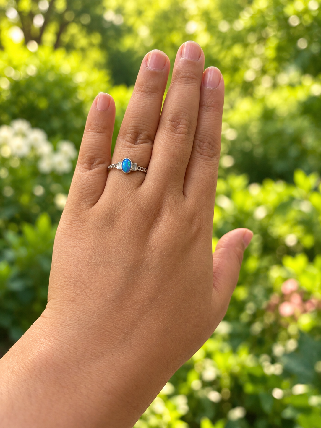 Aurevia moissanite & opal ring, view 4: moissanite and opal stones on a rhodium-plated band, 925 sterling silver, Dubai