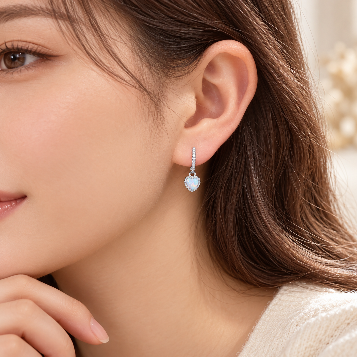 Aurora heart opal huggie earrings, view 5: polished huggies with a petite heart-shaped opal, 925 sterling silver, Dubai