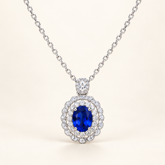 Azure Royale oval blue CZ halo necklace close-up: oval royal-blue CZ in a double halo pendant, 925 sterling silver, Dubai