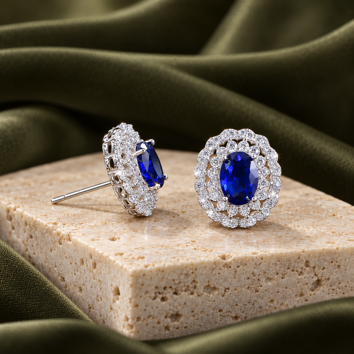 Azure Royale oval blue CZ halo stud earrings, view 4: oval royal-blue CZ studs in a vintage double halo, Dubai
