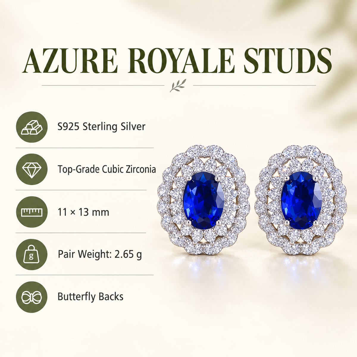 Azure Royale oval blue CZ halo stud earrings, view 2: oval royal-blue CZ studs in a vintage double halo, Dubai