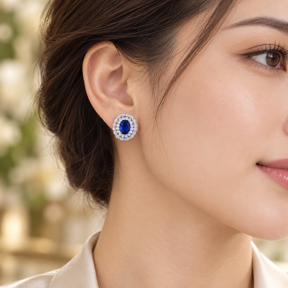 Azure Royale oval blue CZ halo stud earrings, view 5: oval royal-blue CZ studs in a vintage double halo, Dubai