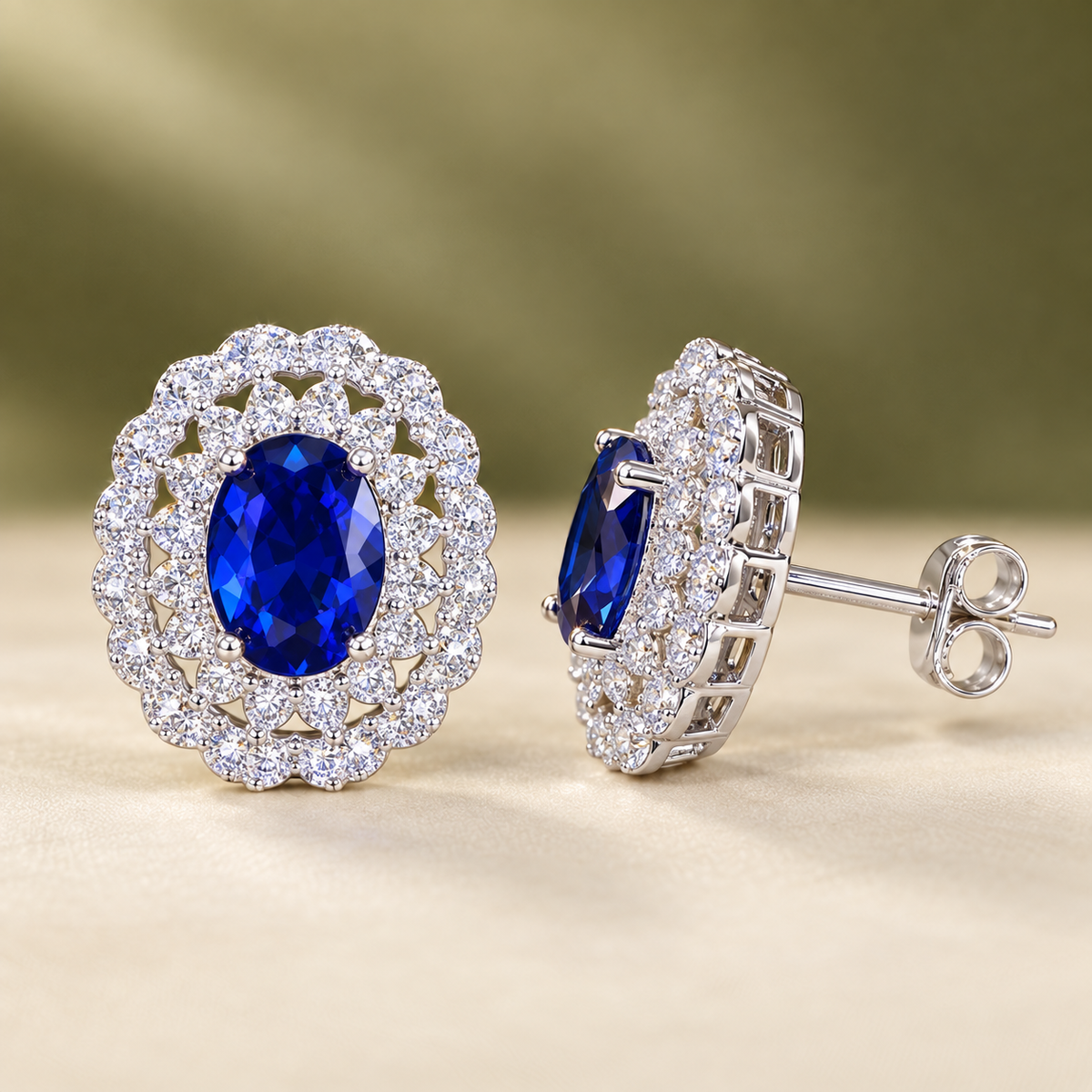 Azure Royale oval blue CZ halo stud earrings, view 3: oval royal-blue CZ studs in a vintage double halo, Dubai