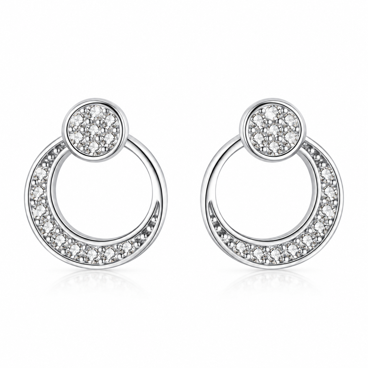 Bella crescent halo pavé CZ stud earrings close-up: round pavé top with an open silver circle, 925 sterling silver, Dubai