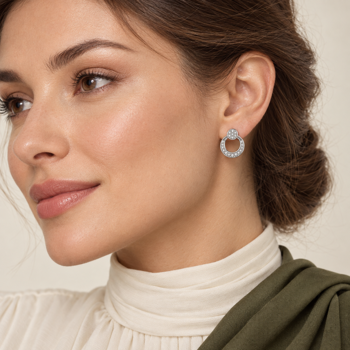 Bella crescent halo pavé CZ stud earrings, view 3: round pavé top with an open silver circle, 925 sterling silver, Dubai