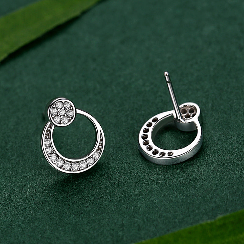 Bella crescent halo pavé CZ stud earrings, view 4: round pavé top with an open silver circle, 925 sterling silver, Dubai