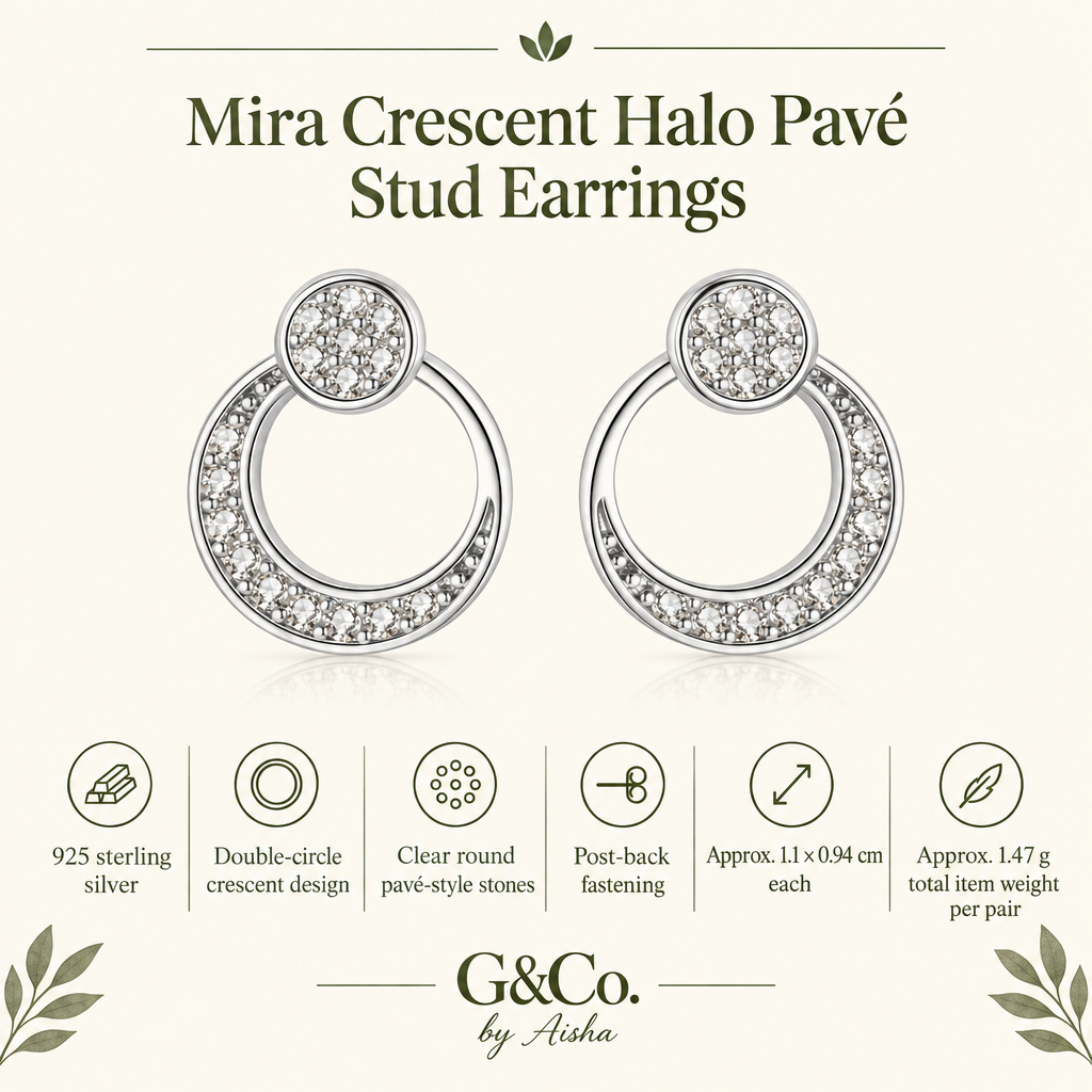 Bella crescent halo pavé CZ stud earrings, view 2: round pavé top with an open silver circle, 925 sterling silver, Dubai